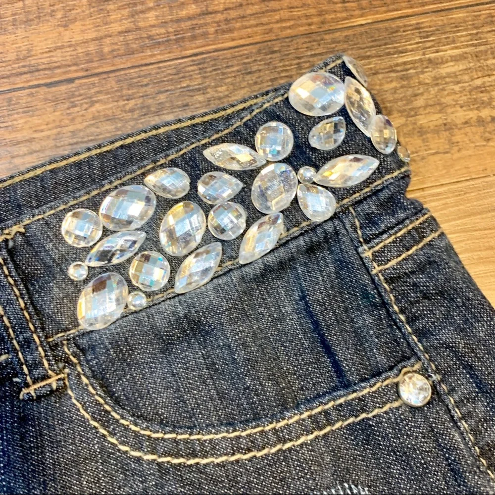 Wallflower Denim Mini Skirt Size 1 Dark Wash Rhinestone Waistband Jean Skirt